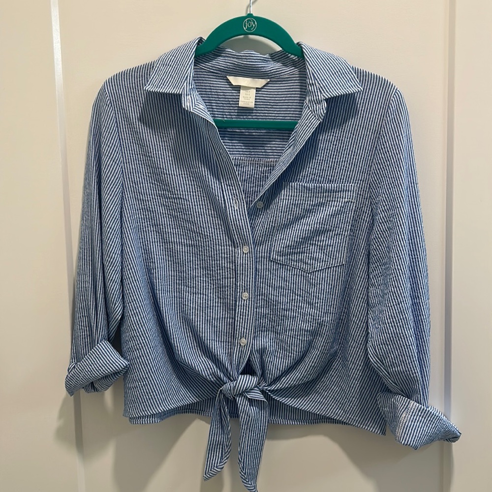 Blue and white striped tie-front shirt